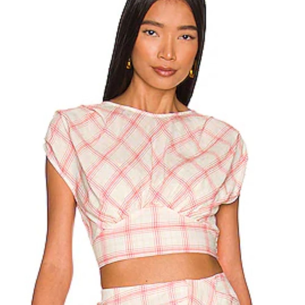 Revolve Bailey 44 Plaid Crop Top Nwt Size Medium Red Cream Cap Sleeve Open Back